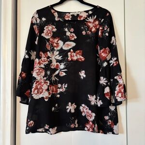 Quintessential Black & Pink Floral Blouse Small Bell Sleeve Feminine Boho Top